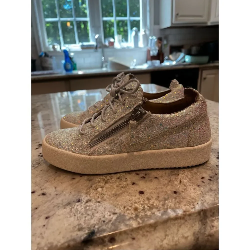 Giuseppe Zanotti White May London Glitter Side Zipper Sneakers Sz 37 or 6.5